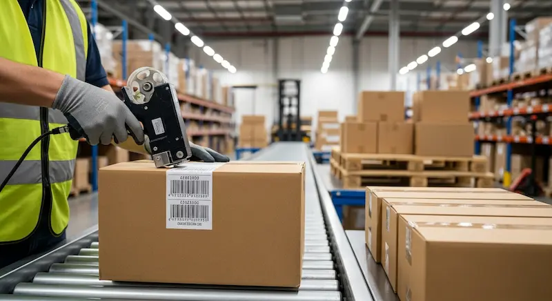 Applying barcode labels to bag shipping cartons