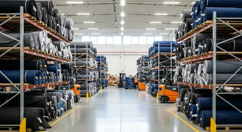 Rolls of bag fabric in storage