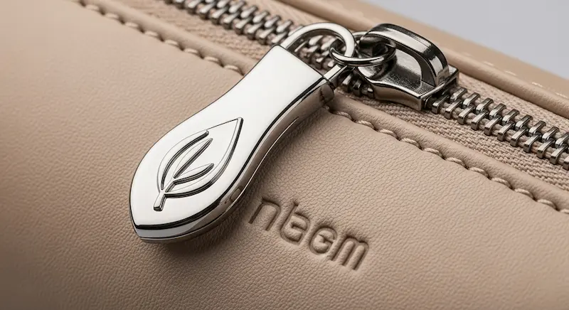 Close-up of a cosmetic bag zipper pull detail