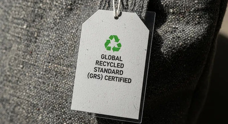 Illustrative recycled-material hangtag on a bag