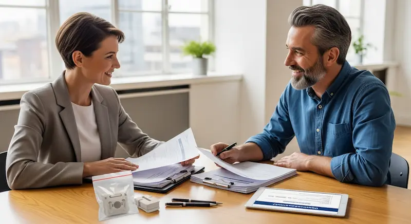 Illustration of a buyer and manufacturer reviewing test reports