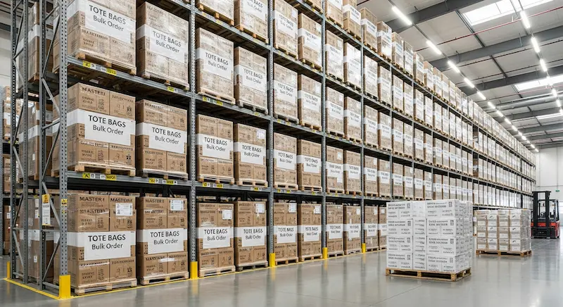 Illustration of cartons and tote bags in a warehouse setting