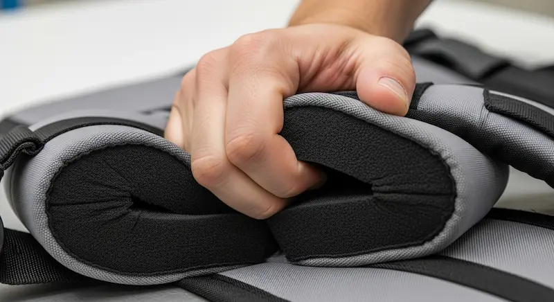 Checking the feel of a padded backpack shoulder strap