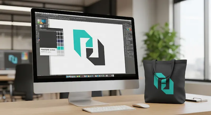 Logo artwork beside a finished bag branding example