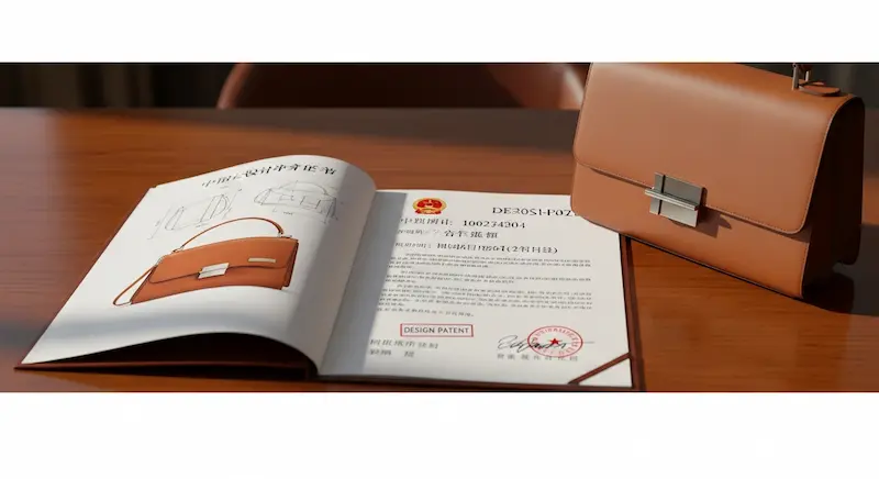 Illustration of design-registration paperwork and a bag prototype