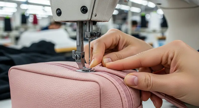 Skilled sewing of piping on a cosmetic bag corner using a cylinder-bed machine